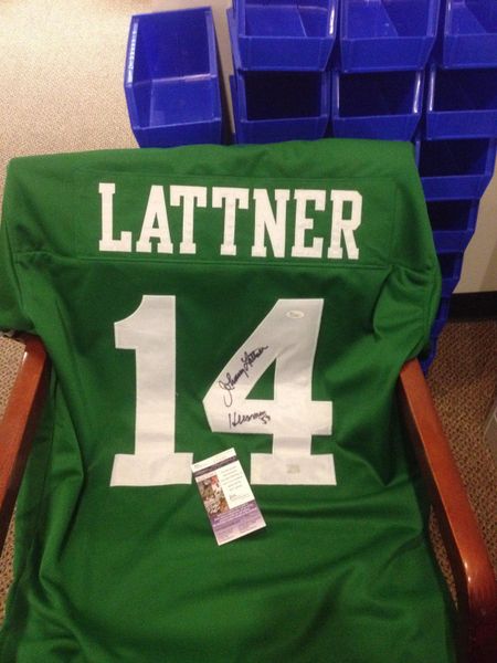 #14 JOHNNY LATTNER Notre Dame Irish NCAA RB Green Throwback Jersey AUTOGRAPHED