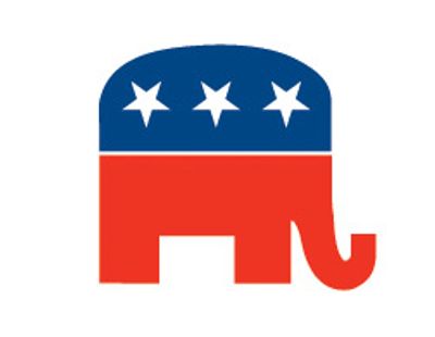 Red elephant with blue top and three white stars, symbolizing the Republican Party.