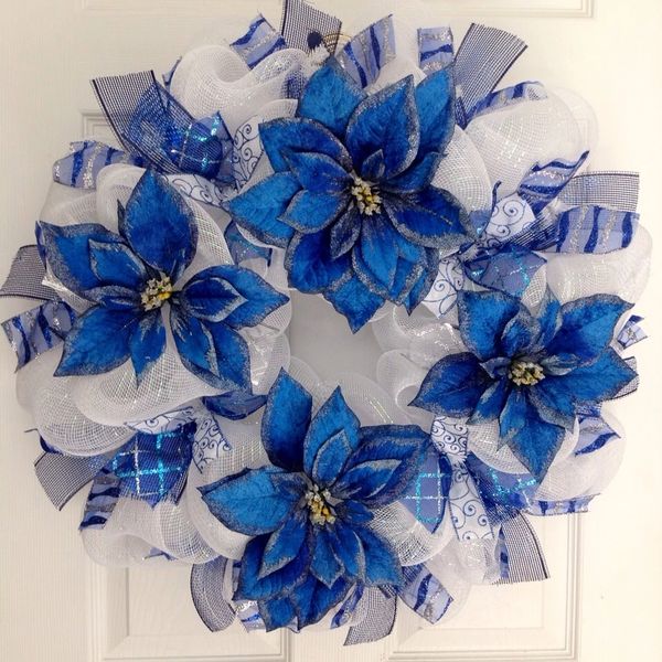 Blue And Silver Poinsettia Holiday Deco Mesh Wreath Handmade What A Mesh by Diana