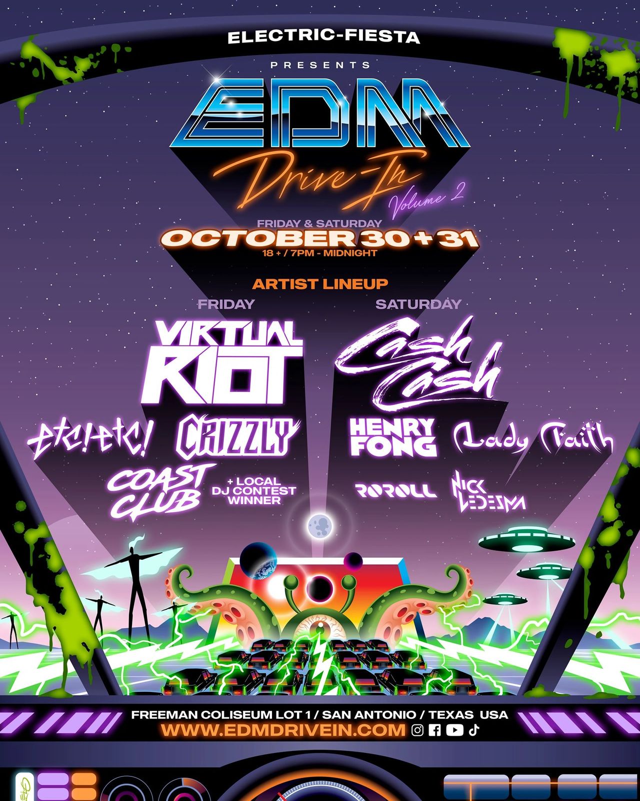 EDM Drive-in, EDM Drive in Line up, EDM Drive-in II Line up, Holloween 2020 raves, 2020 raves, 2020 EDM, 2020 Drive in, Lady Faith Drive in, Festival Addicts EDM drive in, Drive in, EDM, Electric Fiesta, Fiesta Weekender, Safe raves, Social distance raves