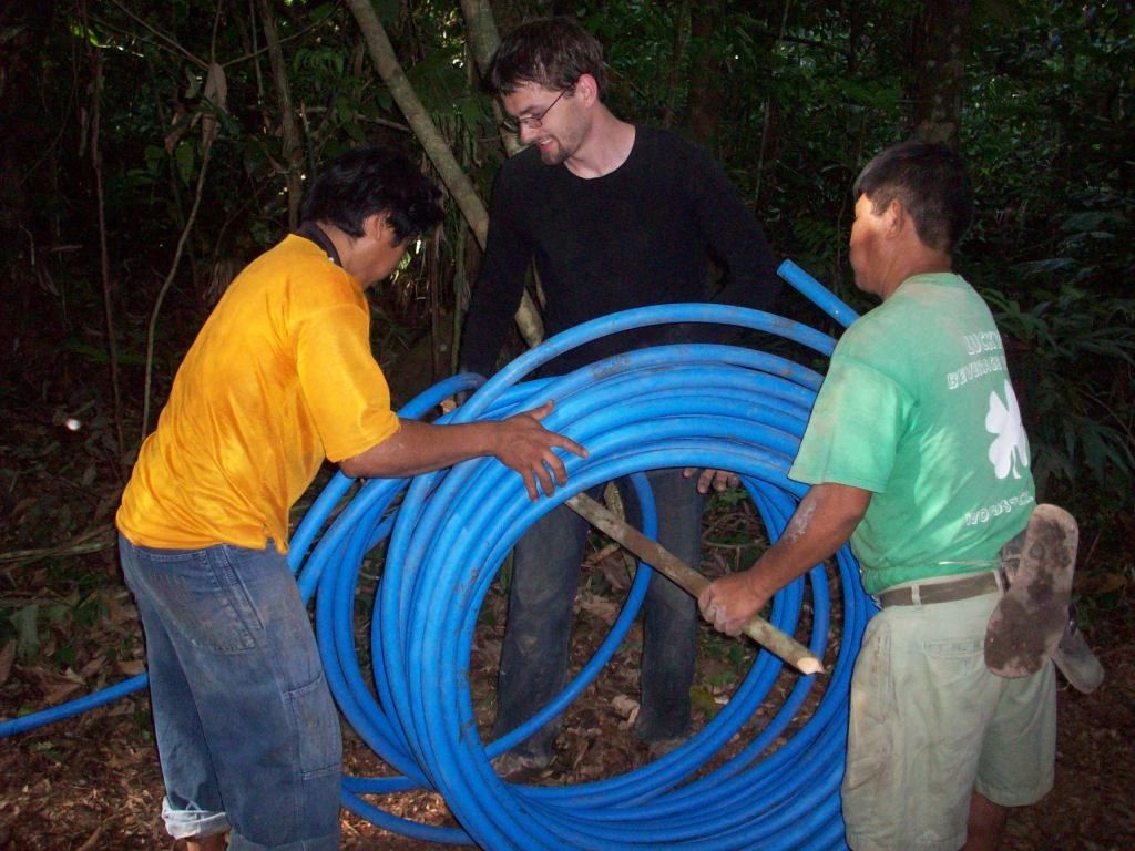 The plastic tubing comes in 100-meter rolls. All shipped in from Cochabamba on top of a bus.