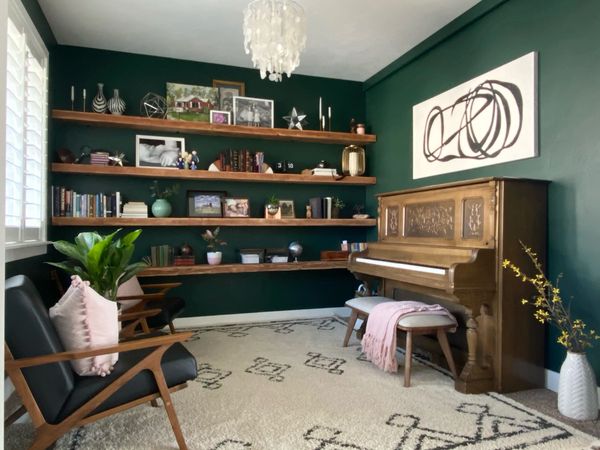 Front Room with Wood Shelves 