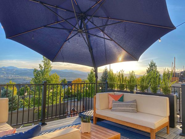 Deck Furniture with Large Patio Umbrella and Black Modern Planters