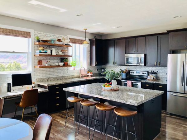 Open Kitchen with DIY Open Shelves and Subway Tile