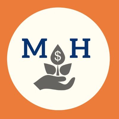 Michelle Hughes' logo. The letters M H appear above a hand with a lead and a dollar sign. 