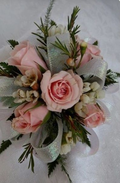 Peach Spray Roses with White Wax Flower Corsage