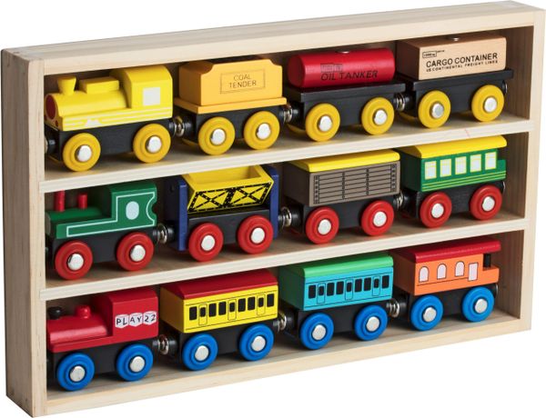12 Pcs Engines Cars Pidoko Kids Wooden Train Set Compatible with Thomas Train Set Tracks and Major Brands Perfect Toy for Boys and Girls
