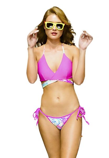 G2030 - Bikini - Cross Front Top - California Fuchsia and Tropical print