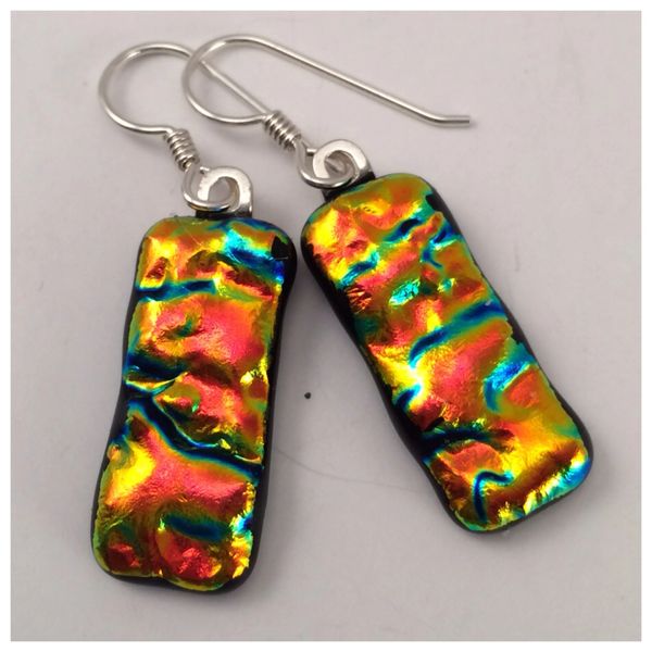 Orange & Red Textured Dichroic Glass Earrings