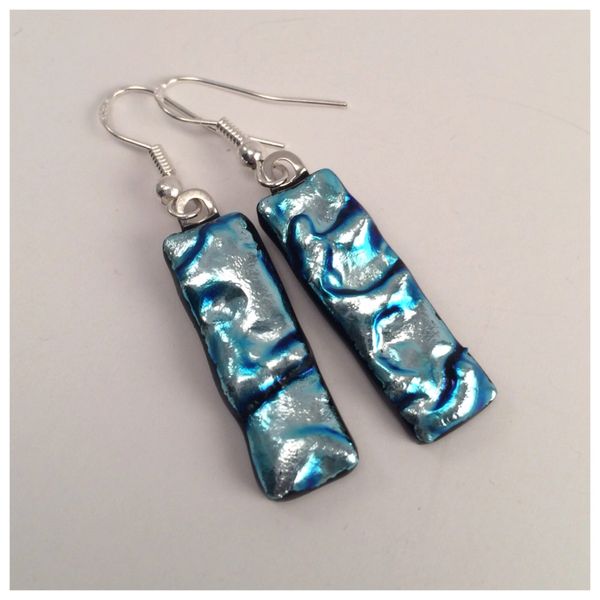Silver Blue Textured Dichroic Glass Earrings