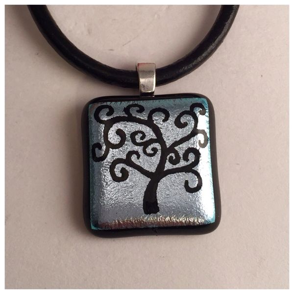 "Tree Of Life" Curly Style Hand Etched Dichroic Glass Pendant