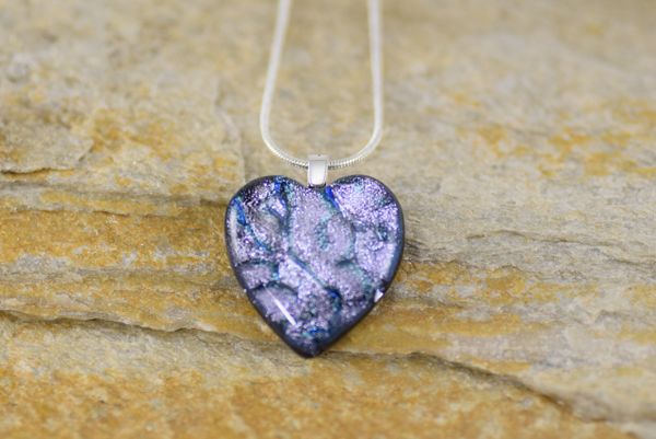 "Silver & Blue" Dichroic Glass Heart Pendant on Sterling