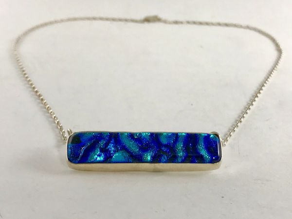 Deep Blue Textured Dichroic Glass Bar Necklace