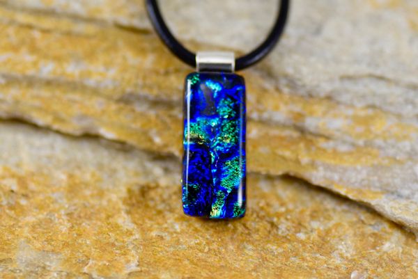 Blue & Green Dichroic Pendant on Sterling and Leather