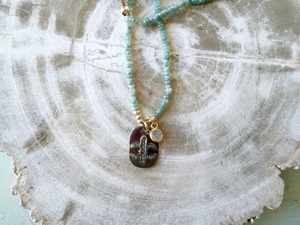 Mystic Sapphire Beads with Pave Diamond Fleur-de-lis charm. | meesa jewelry