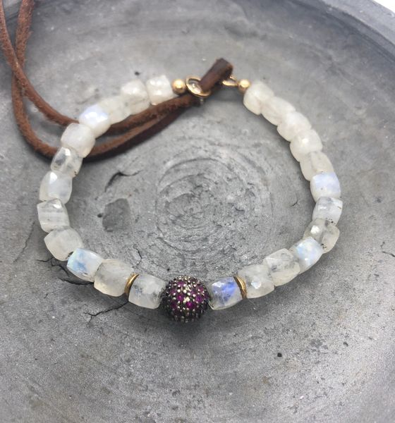 Moonstone Bracelet with Ruby ball