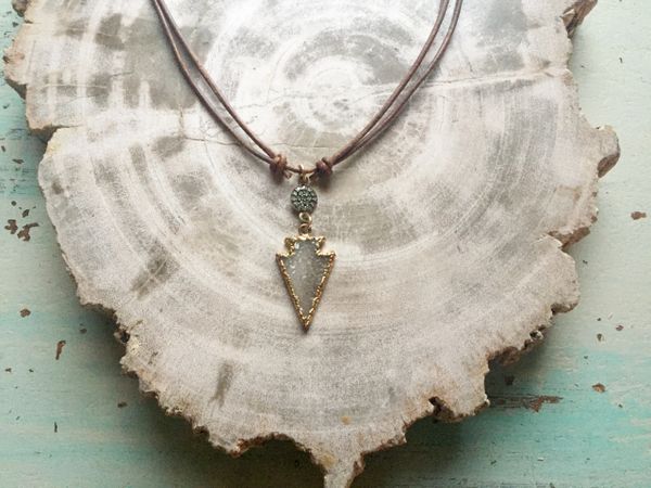 Druzy Arrowhead and Diamond Adjustable Leather Necklace.