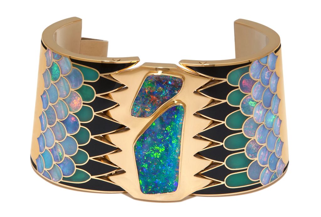 The Gauntlet cuff, extolling the virtue and valor of the soldier embodied in the Black Boulder Opals