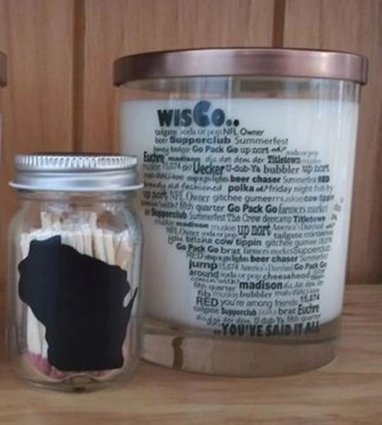 Wisconsin Lingo Candle + Wisconsin Strike on Bottle Matches
