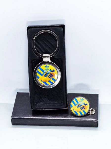 Adidas Malmo Nickel plated metal domed lapel badge and Keyring set