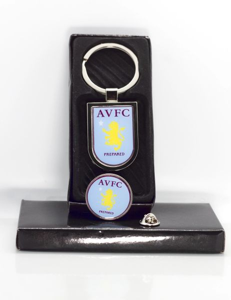 Aston Villa F C Nickel Plated Metal Lapel Badge And Key Ring Set