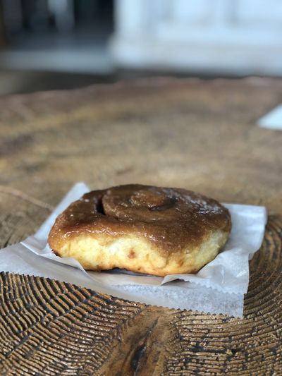 Fresh caramel cinnamon roll.