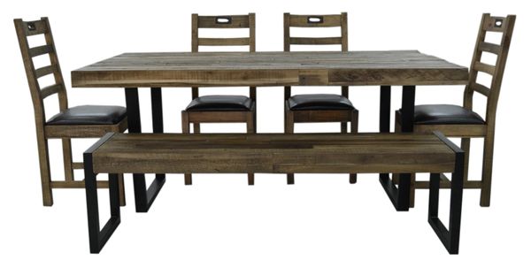Flea Market Dining Set with 4 chairs & large bench in natural rustic