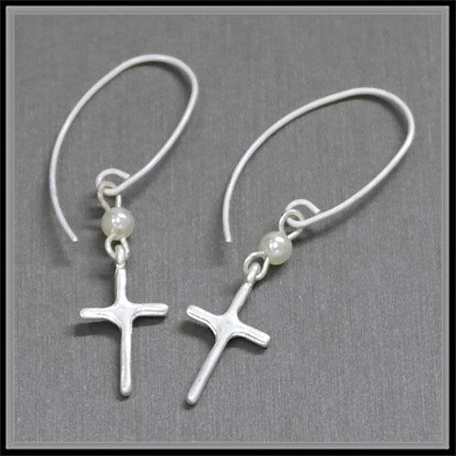 Worn Silver Cross & Small Ivory Pearl Linked Threader Earring.