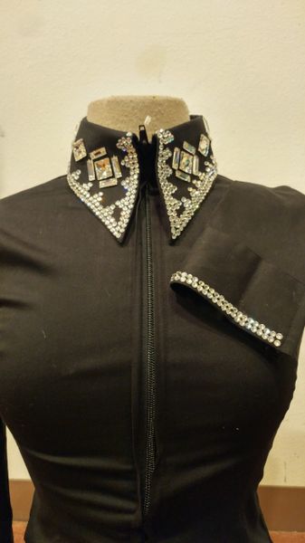Black zip up shirt with clear stones