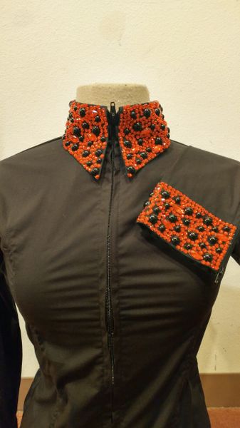 Black zip up shirt with red stones and pearls