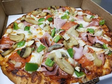 Pepperoni, ham, mushrooms, green peppers, onions