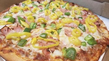 Ham, green peppers, yellow peppers