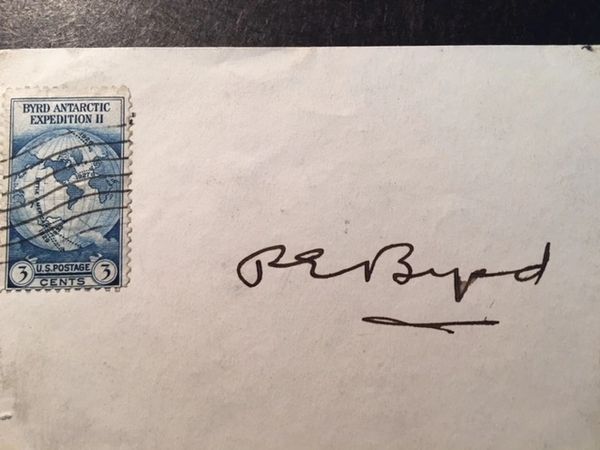 BYRD, RICHARD E. AUTOGRAPH ON 3 X 5 CARD WITH BYRD ANTARCTIC EXPEDITION II 3 CENT U.S. POSTAGE STAMP