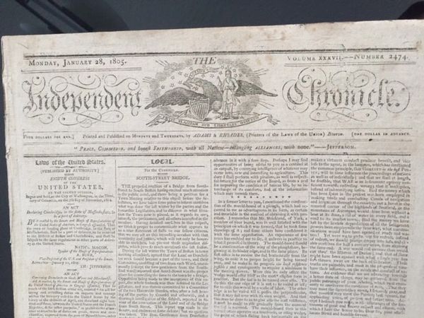 JEFFERSON, THOMAS, SIGNS, IN TYPE, FOUR TIMES ON THE FRONT PAGE OF THIS HISTORIC NEWSPAPER THAT COVERS THE ESTABLISHMENT OF MICHIGAN, THE BUILDING OF U. S. CAPITOL BUILDING AND SLAVERY IN VIRGINIA