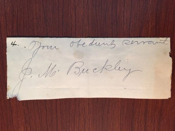 BUCKLEY, JAMES M. SIGNED SLIP WITNESS REED SMOOT COMMITTEE MORMON POLYGAMY
