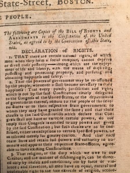 U.S. CONSTITUTION AND BILL OF RIGHTS RATIFIED BY RHODE ISLAND, HISTORIC NEWSPAPER, FULL FRONT PAGE ARTICLE, THE BOSTON GAZETTE, 1790, 4 PAGES,