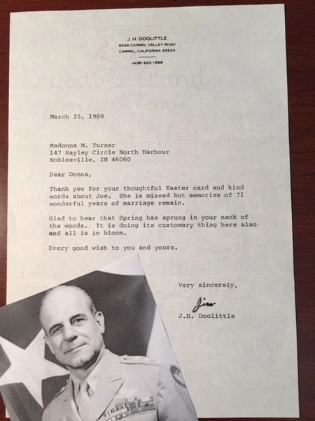 DOOLITTLE, JIMMY TYPED LETTER SIGNED ON DEATH OF HIS WIFE 1989