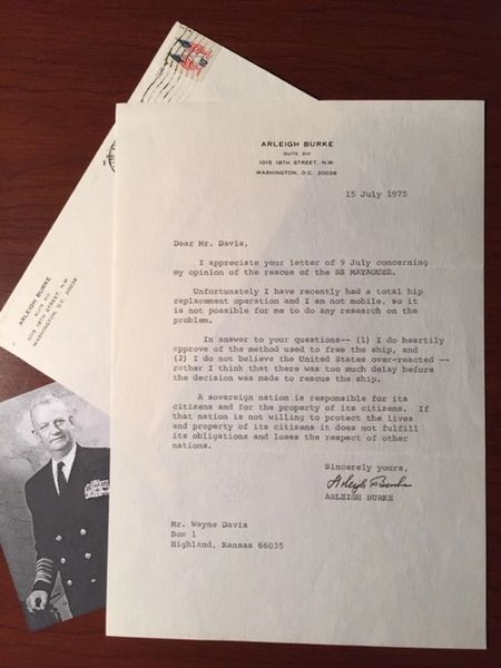 BURKE, ARLEIGH TYPED LETTER SIGNED WWII NAVAL HERO ABOUT SS MAYAGUEZ