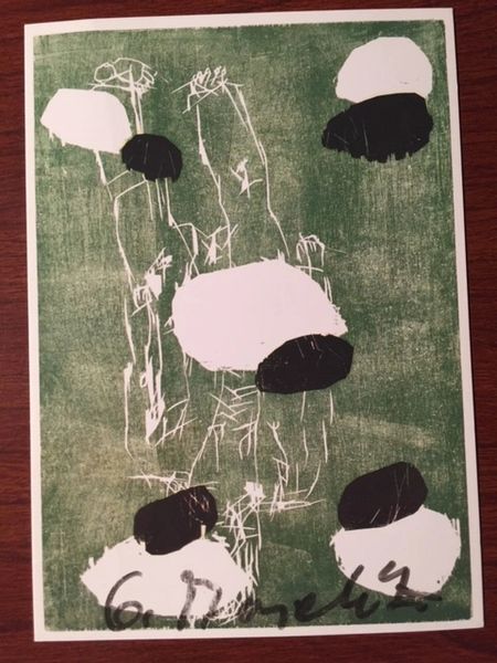 BASELITZ, GEORG HAND-SIGNED OFFSET LITHOGRAPH, FIVE STONES WOODCUT IN COLOR