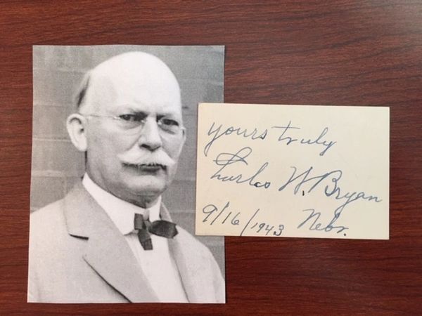 BRYAN, CHARLES W. SIGNED CARD, 20TH & 23RD GOV OF NB, VP CANDIDATE