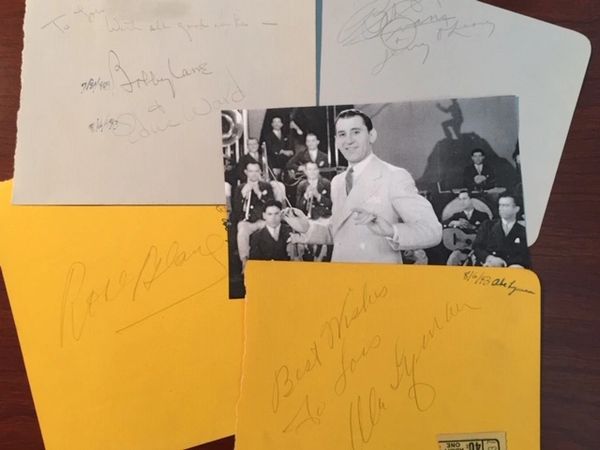 ABE LYMAN AND 5 BAND MEMBERS SIGNED ALBUM PAGES INCLUDING HIS WIFE VOCALIST ROSE BLANE