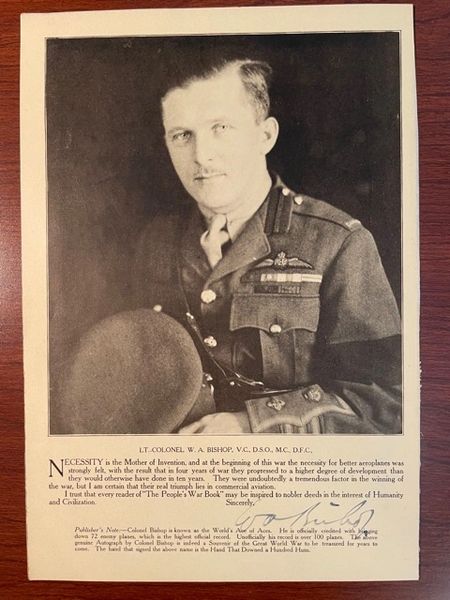 BISHOP, WILLIAM A. "BILLY" SIGNED BOOK PHOTOGRAPH, WWI FLYING ACE