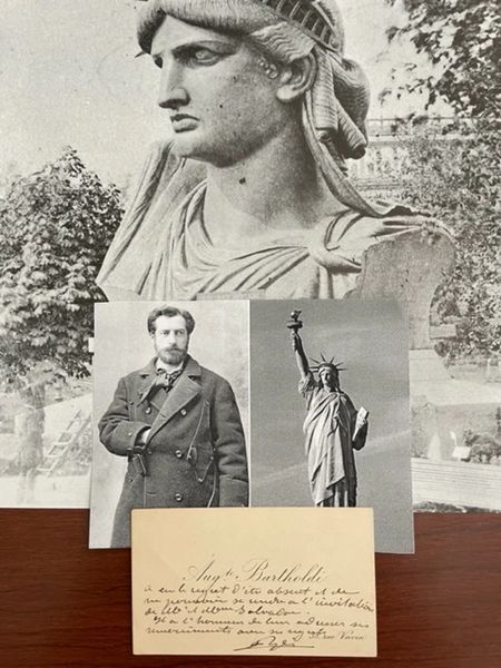 BARTHOLDI, FREDERIC AUGUSTE HANDWRITTEN NOTE SIGNED ON CALLING CARD, SCULPTOR
