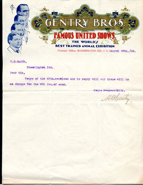 CIRCUS, GENTRY BROS, HENRY B. GENTRY TYPED LETTER SIGNED, INDIANA