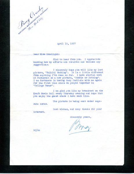 BING CROSBY TYPED LETTER SIGNED WITH EXCELLENT HOLLYWOOD CONTENT