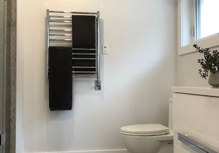 Towel Warmer, LED Mirror, In-Floor Heating, Custom Shower Door,  Chrome Hardware (shower system, fau