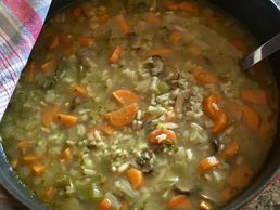 Wild grain rice soup with mushrooms, carrots, celery, and onions.