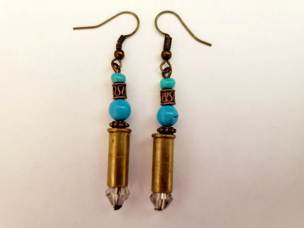 Bullets, Crystals & Bling Earrings. 4 pair-assorted. One-of-a-kind,  handcrafted, with a Spent Shell Casing and various Authentic Gemstones and