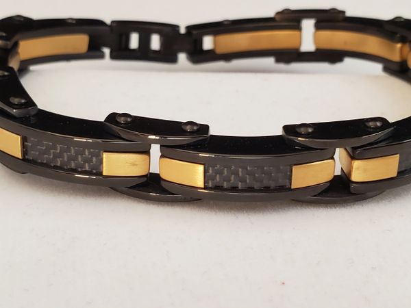 Ion Plated Gold, Stainless Steel Black Leather Mens Bracelet