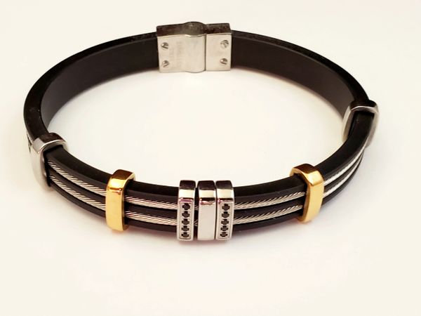 Mens Black Leather and Black Stainless Steel Bracelet with Cubic Zirconia